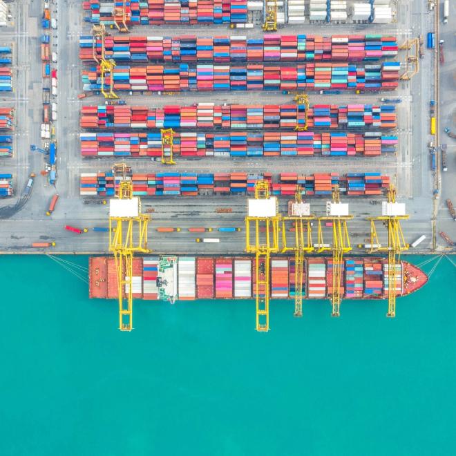 Aerial shot of container ships at Bangkok Port, Ratburana, Thailand.