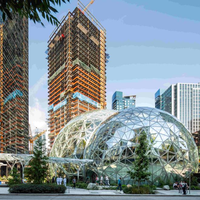 The Spheres building in Seattle is built with ECOPlanet low-carbon cement with 80% less CO2 inside.