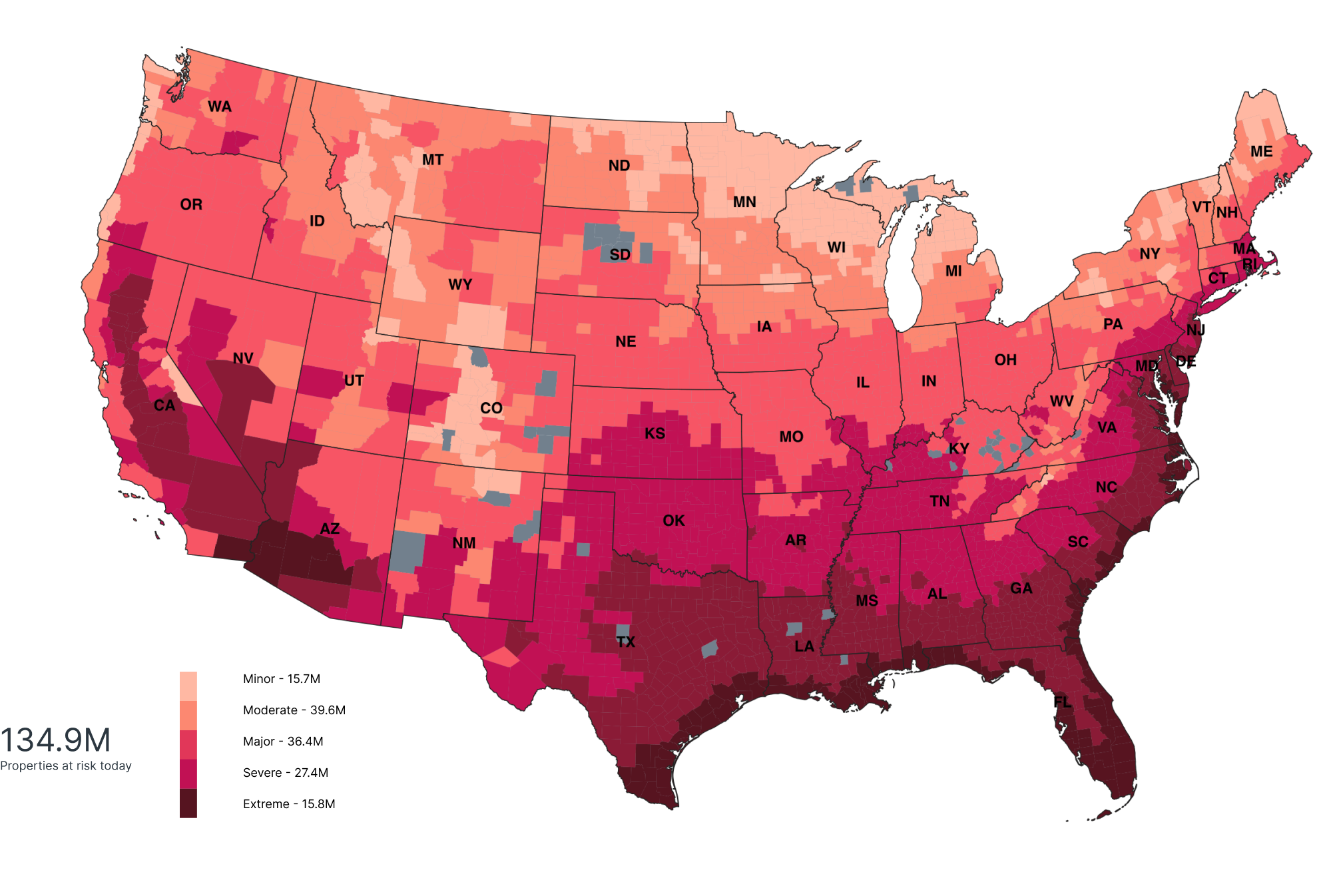 Temperature map of the United States by The First Street Foundation in New York.