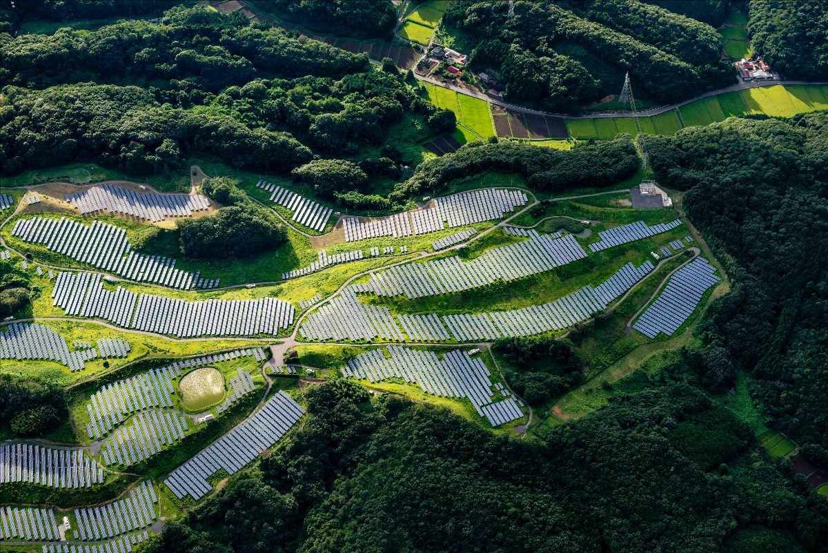 Aerial shot of the Nasu-Minami Photovoltaic Solar Power Plant located in the Tochigi Prefecture, Japan.