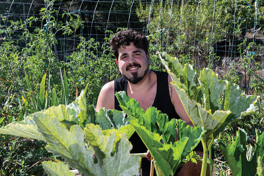 Farmer Pipo Vieira, kneeling among his zucchini plants at his family homestead
