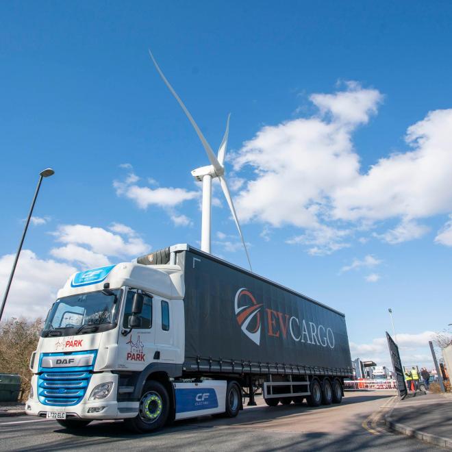 A fully electric heavy goods truck (DAF) at The Parks Bristol headquarters.