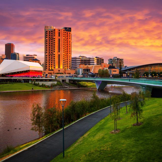 Sunset View of Elder Park, the Riverside Precinct and the Torrens Lake, Adelaide, South Australia.
