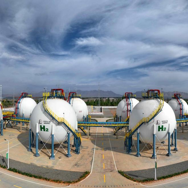 A series of green hydrogen storage tanks from China's largest solar green hydrogen facility.