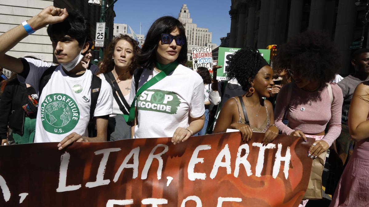 Activists, including Julia Jackson, attend the Fridays For Future NYC climate strike on September 23, 2022, in New York City. 