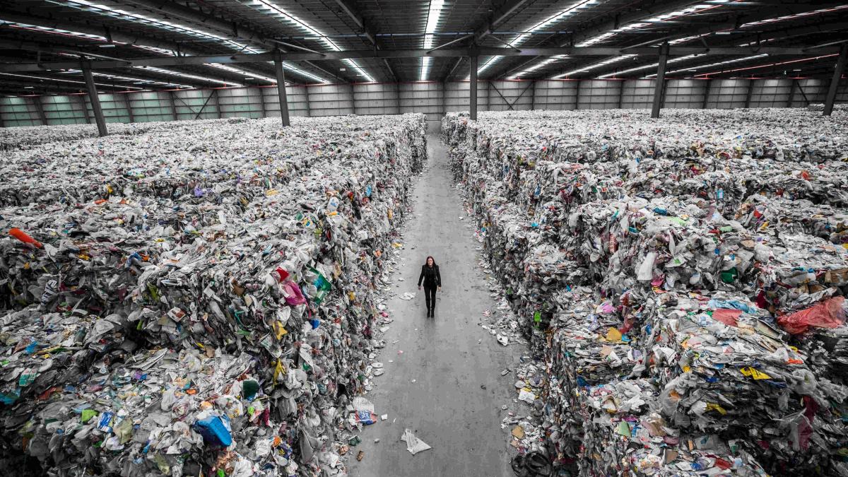 Gigantic wearhouse full of recyclable materials awaiting processing in  Melbourne, Victoria, Australia.