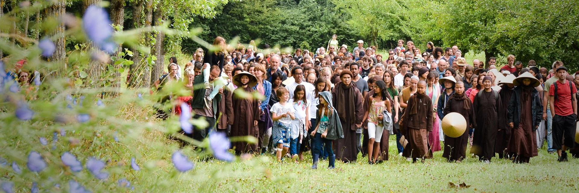 Zen master Thich Nhat Hanh walking with a large group in nature.