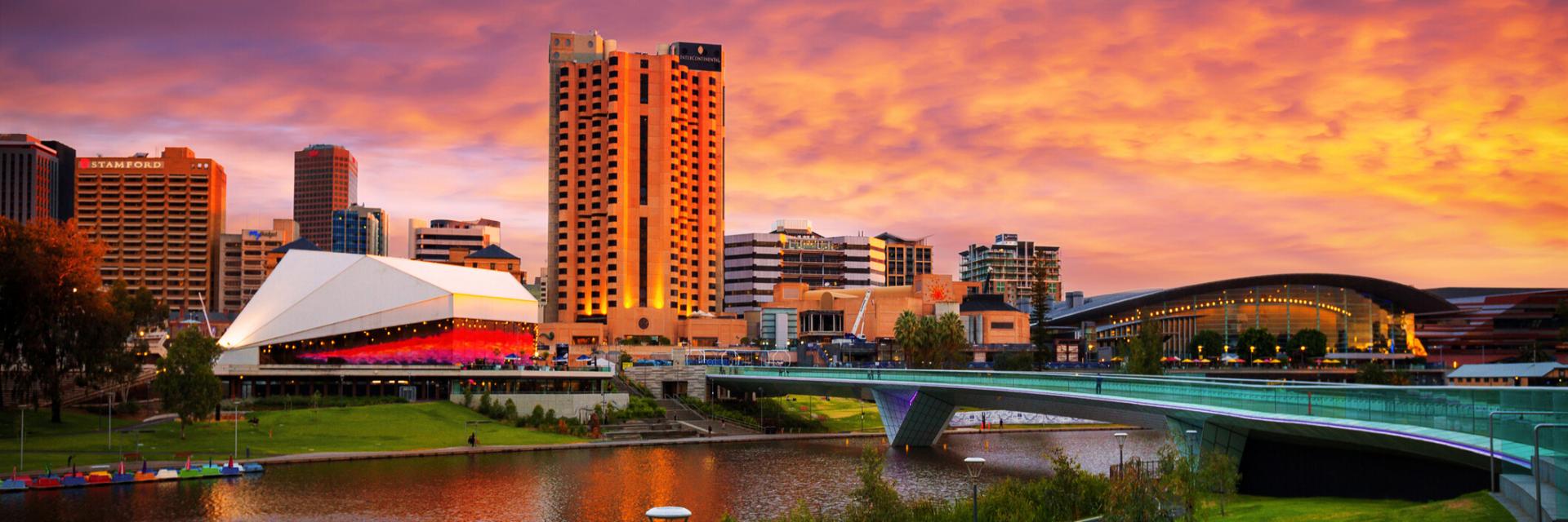 Sunset View of Elder Park, the Riverside Precinct and the Torrens Lake, Adelaide, South Australia.