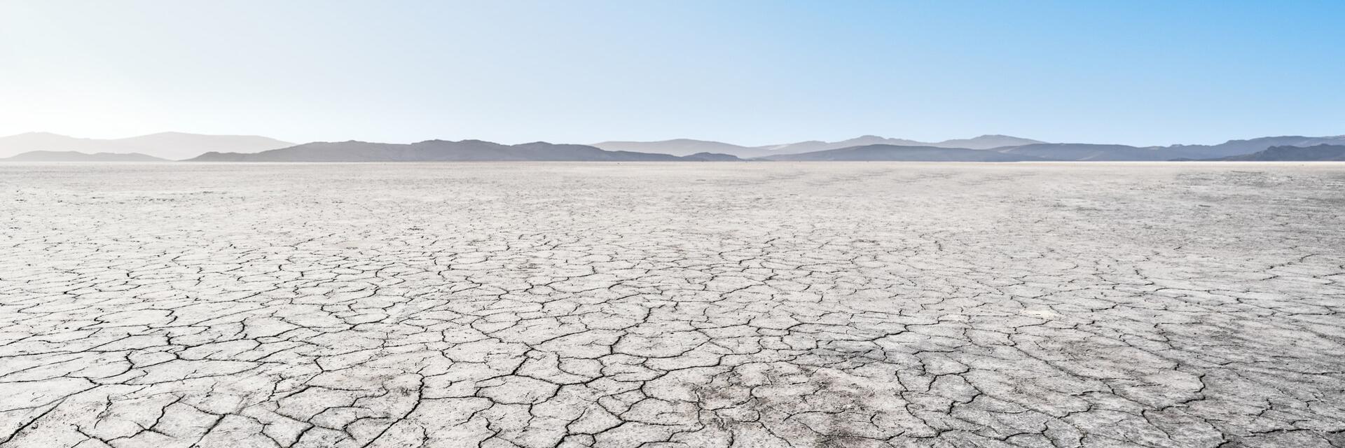 Arid, cracked, and desertified landscape against a blue sky. 