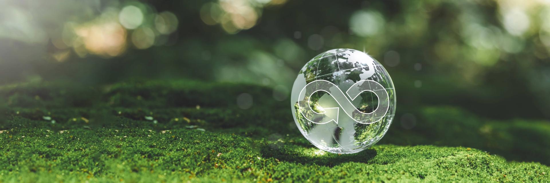 Transparent Earth with a circular economy symbol inside it sitting on the grass.