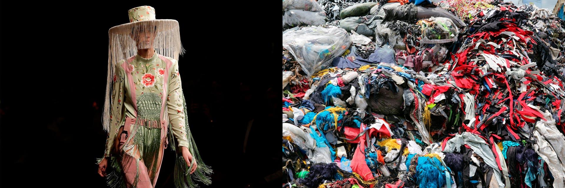 Left: A model presents the autumn/winter 2020–2021 creation of Dominnico. Right: Dump site for garment-factory waste found in the Export Processing Zone of Dhaka, Bangladesh.